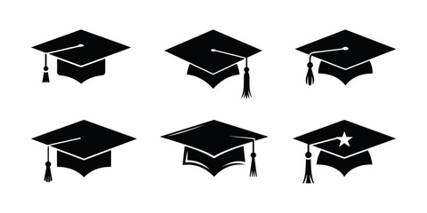 Graduation Cap Icons, Black Silhouette Vector Illustration.