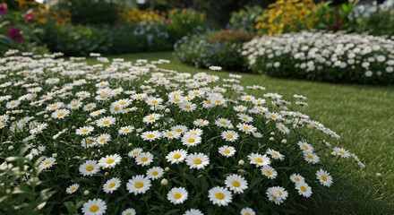 A field of daisies in full bloom under the sunlight with other flowers in the background in a garden