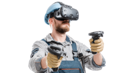 A man wearing a VR headset, holding controllers, immersed in virtual reality.