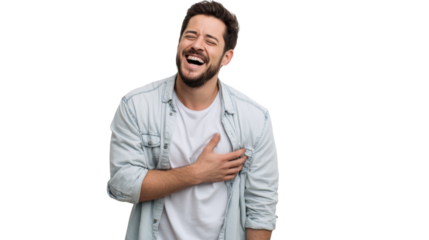A joyful man laughing heartily, showing genuine happiness and spontaneity.