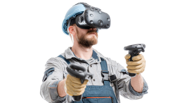 A man wearing a VR headset, holding controllers, immersed in virtual reality.
