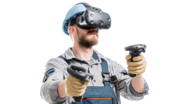 A man wearing a VR headset, holding controllers, immersed in virtual reality.