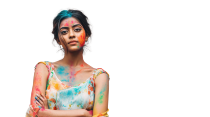 A young woman with colorful paint on her face and arms, standing confidently with arms crossed.
