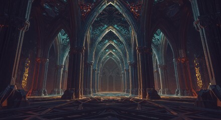 Fototapeta premium Mysterious Gothic Interior with Arches and Dramatic Lighting