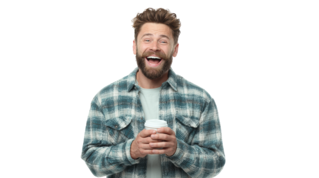 Cheerful man holding a coffee cup, smiling in a casual outfit with a flannel shirt, isolated on a white background.