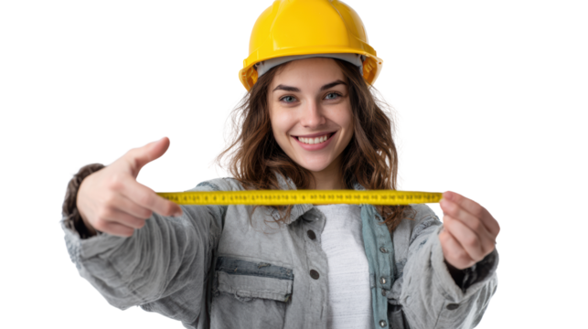 Cheerful woman in a construction helmet measuring with a ruler, white isolate background.
