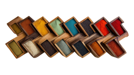 Colorful assortment of spices in wooden boxes, displayed creatively, ideal for culinary themes.