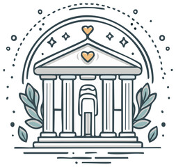 Stylized legal or financial building with heart and star decorations