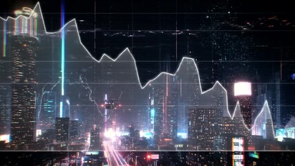 Futuristic cityscape at night, illuminated by neon lights and overlaid with digital data streams, showcasing a descending financial trend. - Powered by Adobe