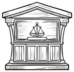 Classical courthouse facade or judge bench with scales of justice symbol line art