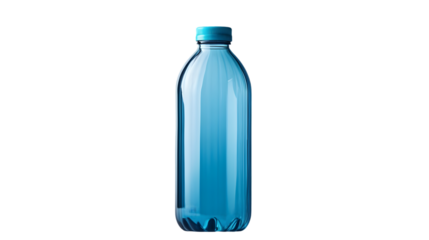 A clear blue plastic water bottle with a matching cap isolated on a black background in a studio shot