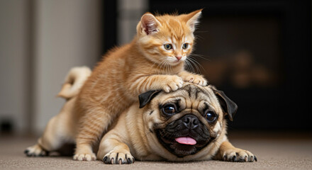 An orange kitten sitting on the head of a pug dog with its tongue sticking out on a neutral background
