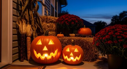 Obraz premium Festive Halloween Porch Decor with Glowing Jack-o'-lanterns and Autumn Harvest Elements