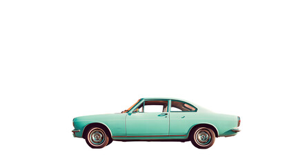 Obraz premium Side view of a vintage light blue car isolated on a black background in a studio setting showing details