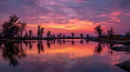 Obraz premium Serene Sunset Reflection on Calm Lake