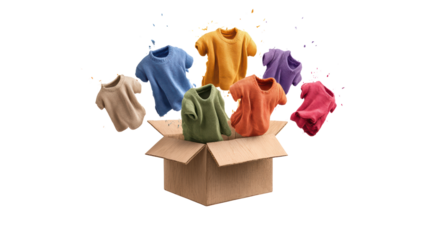 Colorful t-shirts burst from a cardboard box, showcasing vibrant styles and designs on a white isolated background.