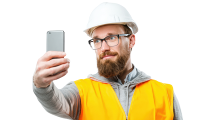 Construction worker taking a selfie while wearing safety gear and hard hat.
