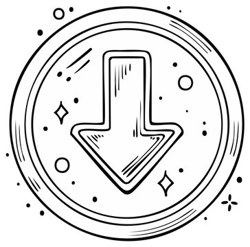 Hand drawn down arrow icon inside a sparkling coin or token illustration