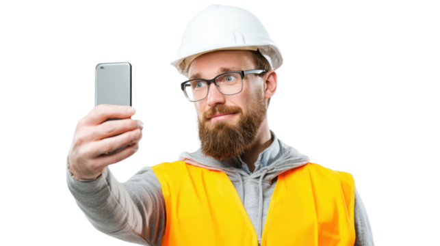 Construction worker taking a selfie while wearing safety gear and hard hat.
