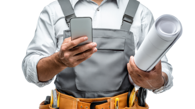 Construction worker using smartphone and holding blueprint, white isolate background.