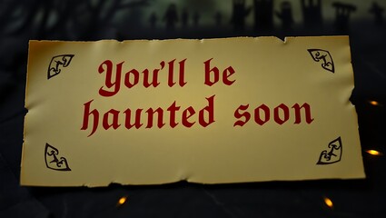 Halloween you'll be haunted soon message on parchment with decorative corners in a dark spooky setting halloween design 