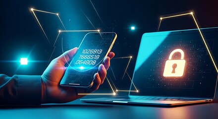 Two-factor authentication (2FA) security concept. A hand holds a smartphone displaying a holographic 6-digit code next to a padlock icon on a laptop.
