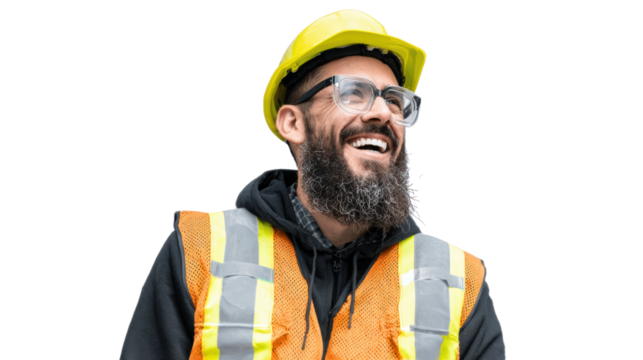 Happy construction worker wearing a safety helmet and vest, smiling against a white isolated background.