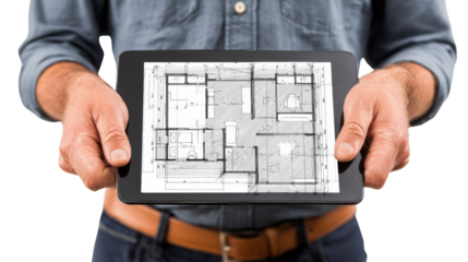 Man holding tablet with architectural blueprint for construction project.