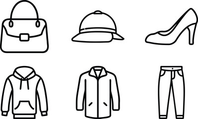 Fashion clothing and accessory icons in black outline 1
