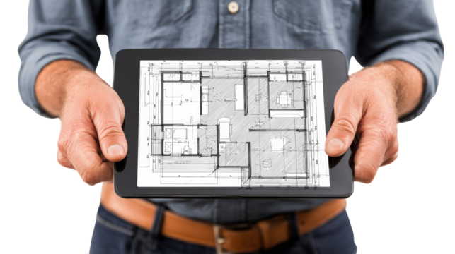 Man holding tablet with architectural blueprint for construction project.