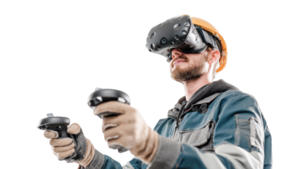 Man wearing VR headset, holding controllers, engaged in virtual reality experience.