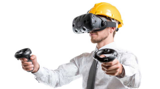 Man wearing VR headset and controller with safety helmet, white isolated background.