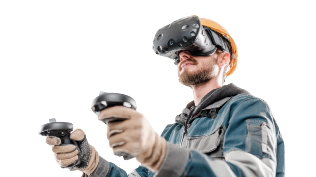 Man wearing VR headset, holding controllers, engaged in virtual reality experience.