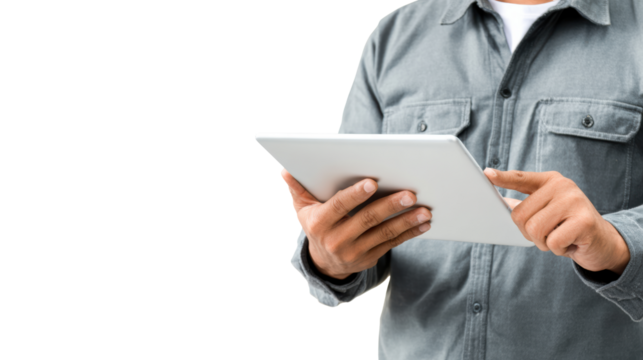 Person using tablet device, white isolate background - Powered by Adobe