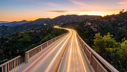 Scenic Highway at Sunset with Light Trails Through Hilly Landscape.