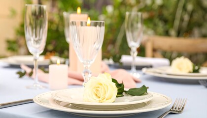 Outdoor dining setting, elegantly arranged with pale yellow roses, pastel-colored glassware, and candlelight, creating a romantic ambiance.