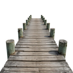 Fototapeta premium Wooden pier vanishing into darkness showcasing perspective and weathered texture