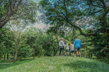 Rear view of a happy Asian family on a weekend outing. Parents and two sons hold hands, walking up a grassy hill, enjoying an active lifestyle and quality time together outdoors.