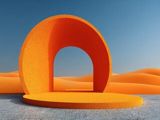 Orange Abstract Structure in Desert Landscape: This captivating composition highlights an orange abstract structure in a desert landscape. The eye-catching design presents a visual experience.