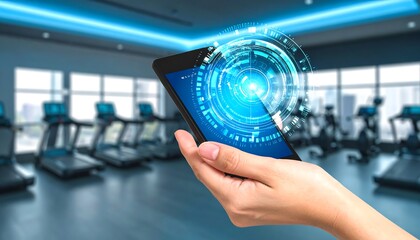 A hand holds a tablet displaying a futuristic interface, showcasing the integration of technology in a modern fitness center.
