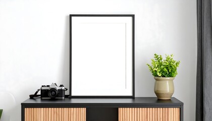 A clean, modern design concept featuring a black picture frame, vintage camera, and small plant, all displayed on a dark wooden sideboard against a bright white wall.