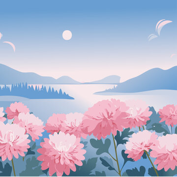 summer landscape with flowers and sea