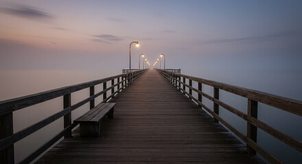 Obraz premium A stunning wooden pier stretches into the ocean, capturing the serene beauty of the seascape at dusk