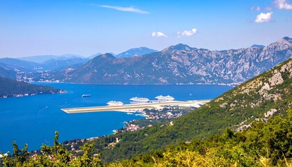 Picturesque panoramic view of Kotor Bay and cruise ships on a sunny day