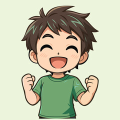 Chibi anime style boy illustration with happy and enthusiastic expression, suitable for children's themes, cartoons, positive emotions and cute characters.