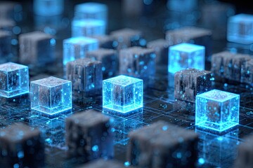 Abstract digital cubes, glowing blue light, intricate network