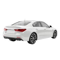 Obraz premium A pristine white sedan, captured from a rear three-quarter perspective, showcasing its sleek design and modern features against a clean, neutral background, highlighting its elegance.