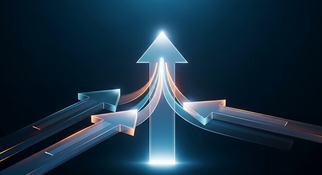 Synergy and collaboration concept. Two holographic arrows merge into a single, larger, and brighter arrow pointing upwards, symbolizing synergy.