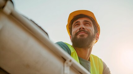 Focused construction worker looking upward.