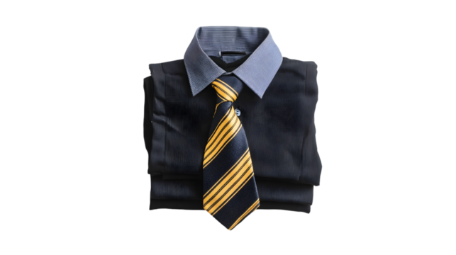 Folded black shirt with patterned collar and striped tie centered on a black background studio shot